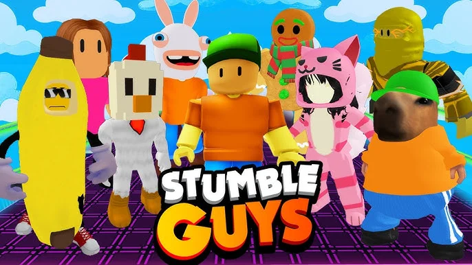 Colorful, fun characters racing through a Stumble Guys obstacle course