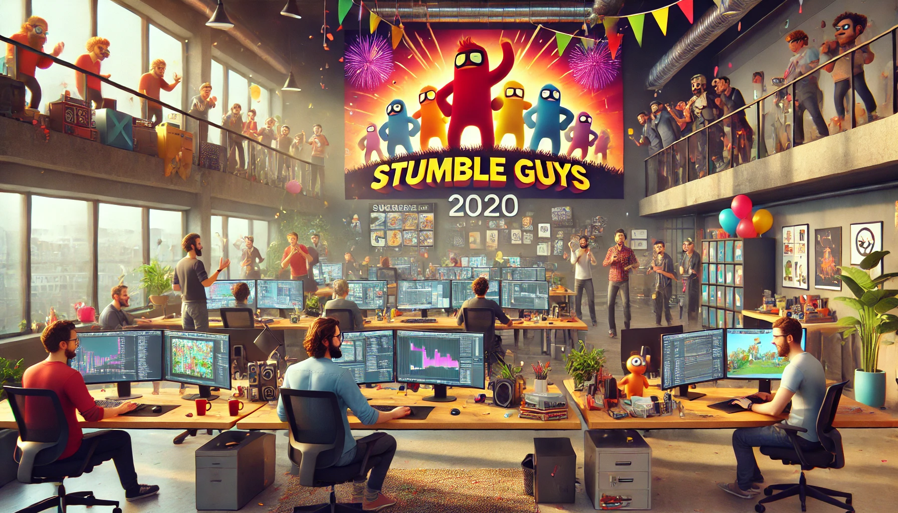 A Finnish game development studio with developers working on Stumble Guys in a modern office setting, featuring a poster of the game in the background and a celebratory atmosphere, highlighting who created Stumble Guys.