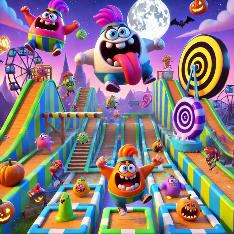 Colorful and fun multiplayer obstacle course scene inspired by 'Stumble Guys' with cartoonish characters running through wacky trials, Halloween-themed obstacles like pumpkins and ghosts, and exaggerated comical expressions.