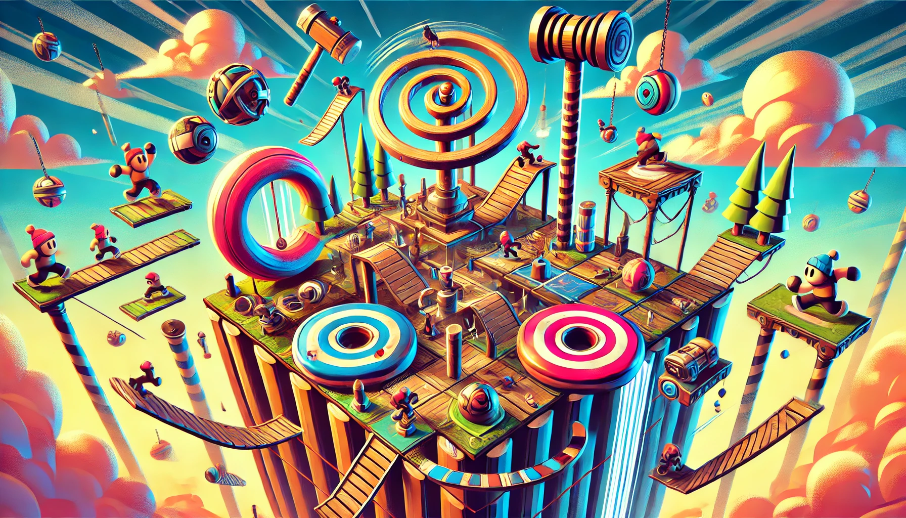 A dynamic and vibrant Stumble Guys map featuring various obstacles and gameplay elements like rotating platforms, rolling logs, and shifting walls.