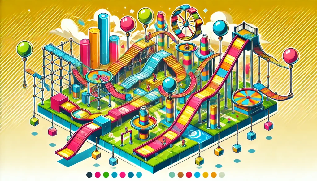 DALL·E 2024 11 27 20.54.02 A vibrant and dynamic illustration showcasing a colorful obstacle course map similar to Stumble Guys gameplay. The image should feature moving platfor