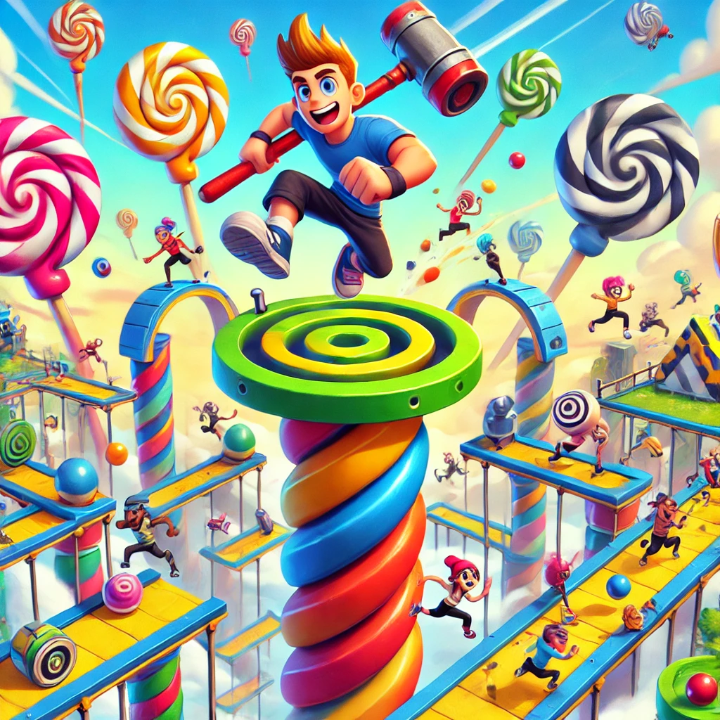 DALL·E 2024 11 27 20.54.09 A vibrant and dynamic illustration of a colorful obstacle course inspired by Stumble Guys gameplay featuring spinning platforms swinging hammers an